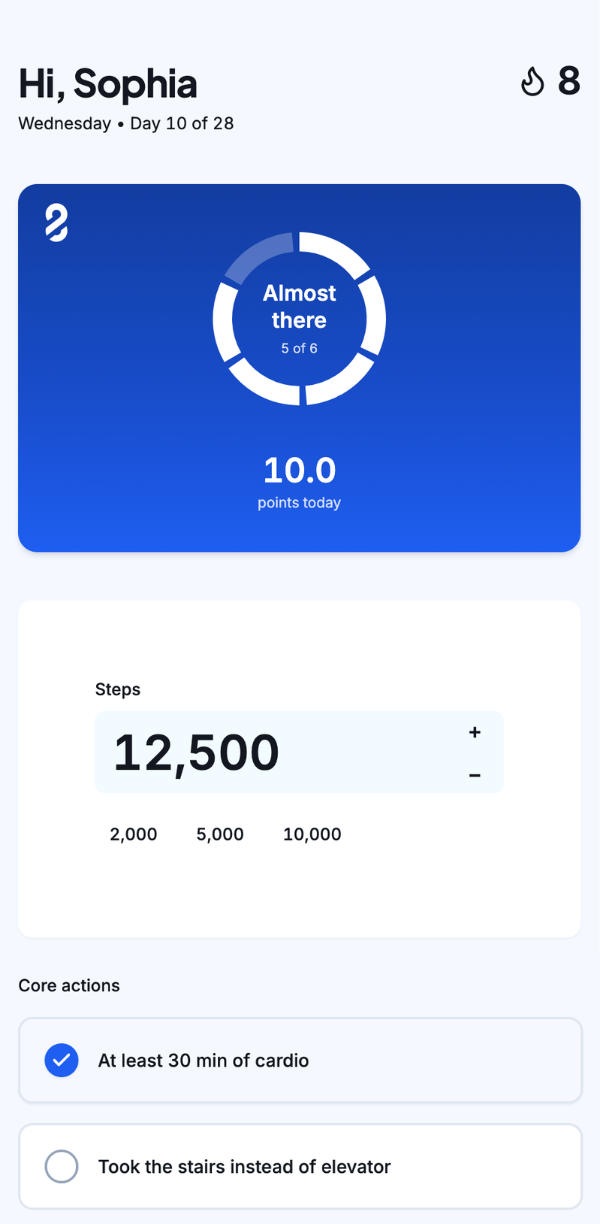 Sprint28 app — Today screen showing progress ring, daily score and step tracking