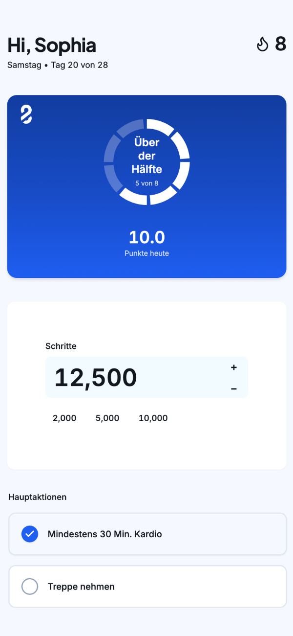 Sprint28 App — Heute-Ansicht mit Fortschrittsring, Tagesscore und Schrittzähler